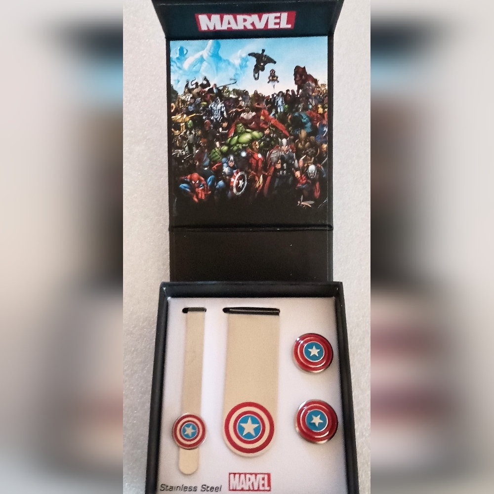 Marvel Comics Captain America Cuff Links Money Clip Tie Bar 4Pc Set New NOS Box